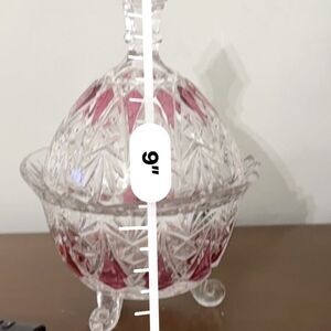 Vintage Ruby Red & Clear Cut Glass Covered Candy Dish with Lid – Footed, 9”